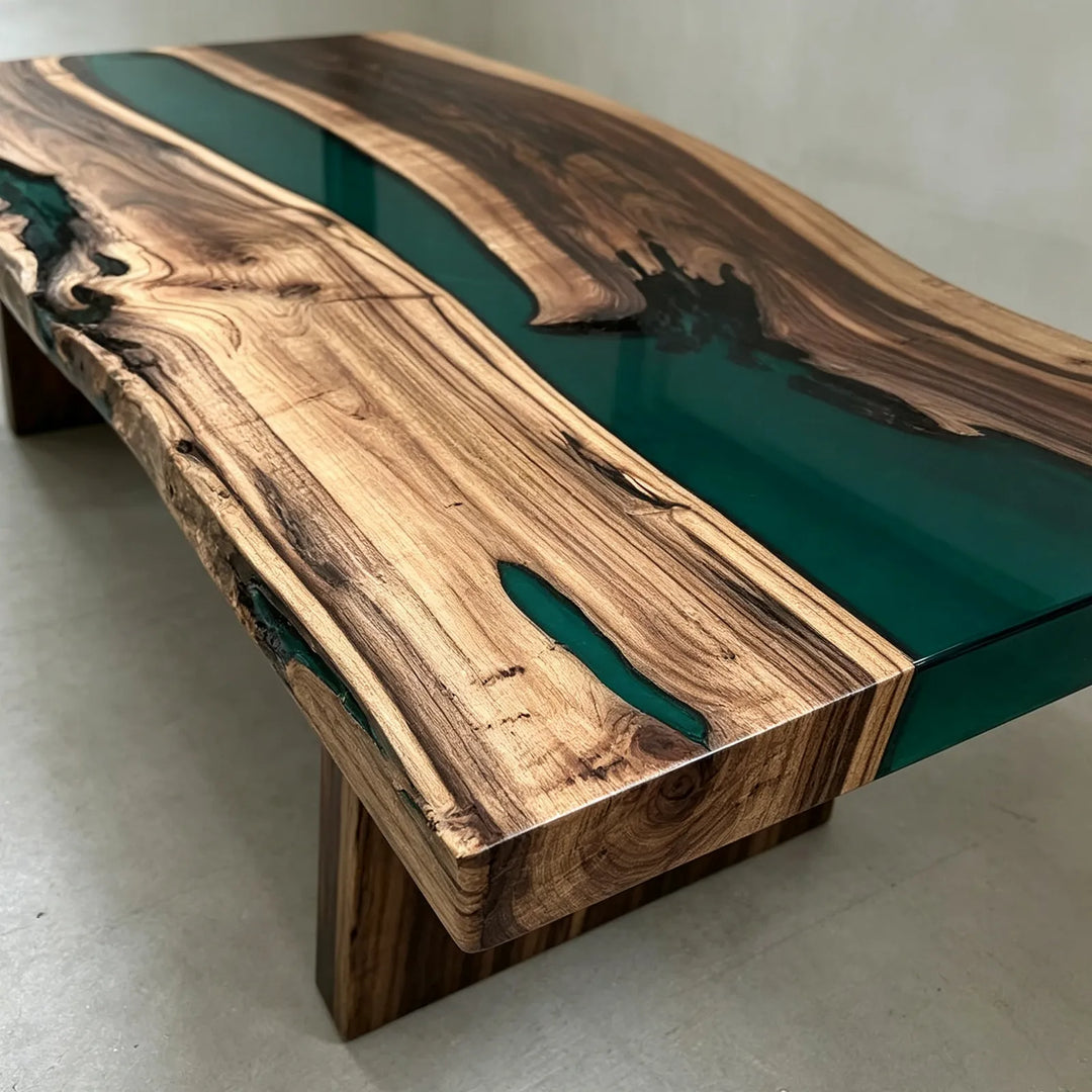 Matte Black Walnut with glossy Deep Teal epoxy resin by SeawaveTable