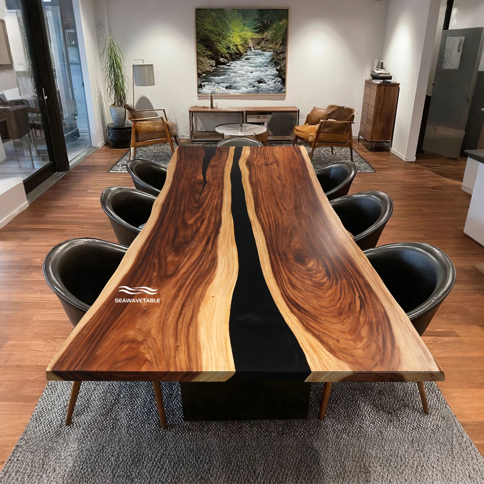 Wooden dining table with black resin inlay in a modern living room setting.