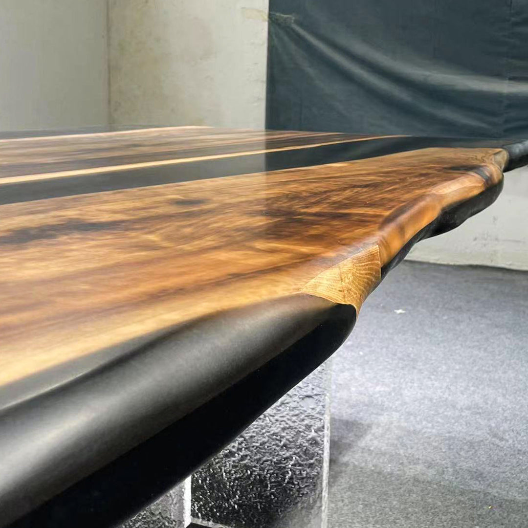Black walnut epoxy dining table with metal base structure modern industrial style table support design