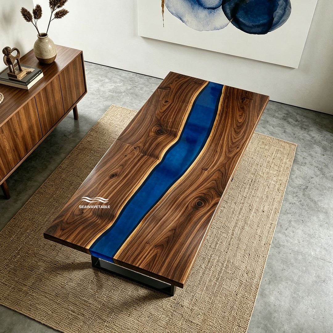 Minimalist blue epoxy river dining table CRT-337 in modern luxury interior