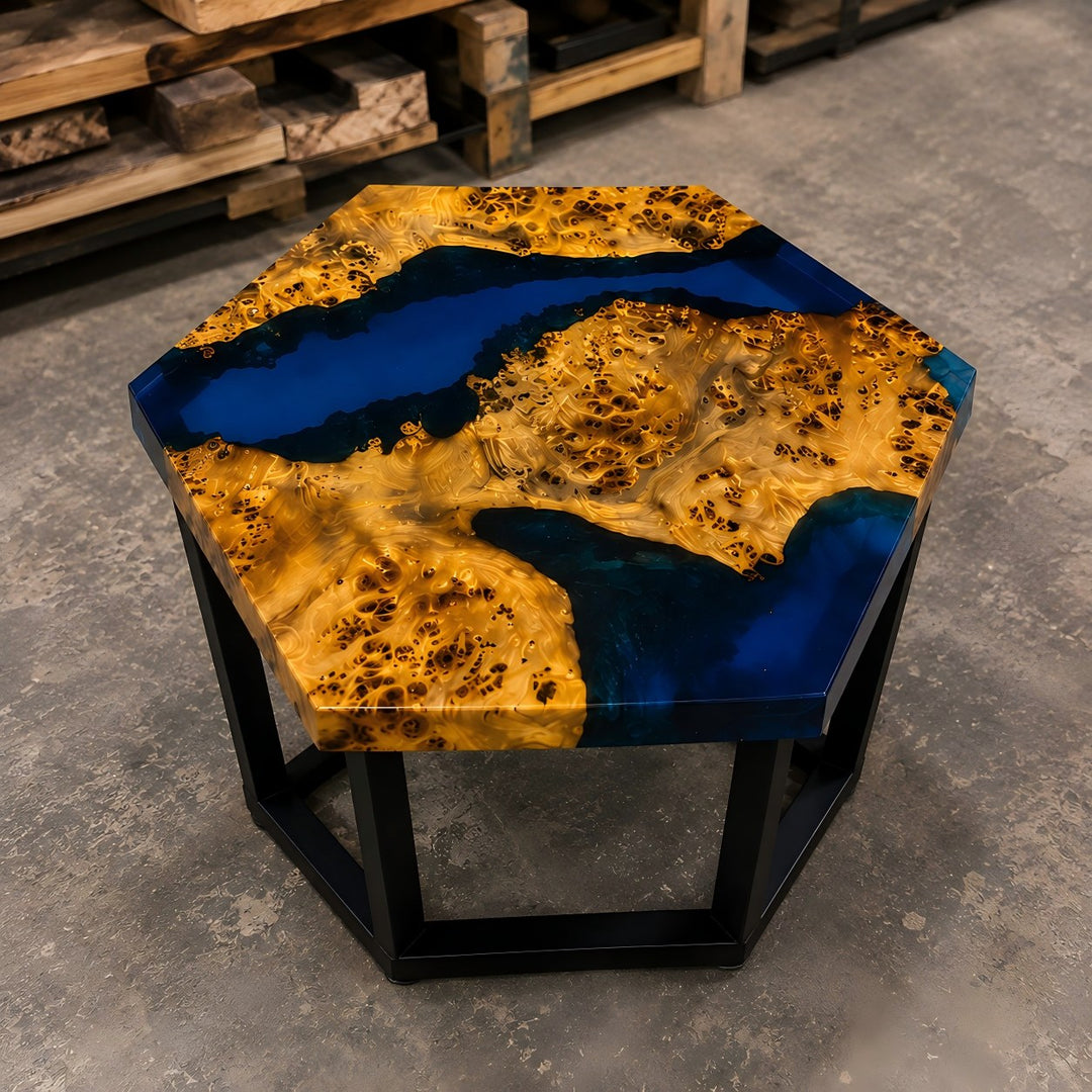 Modern artisan hexagon coffee table CRT-341 with oceanic blue resin composition