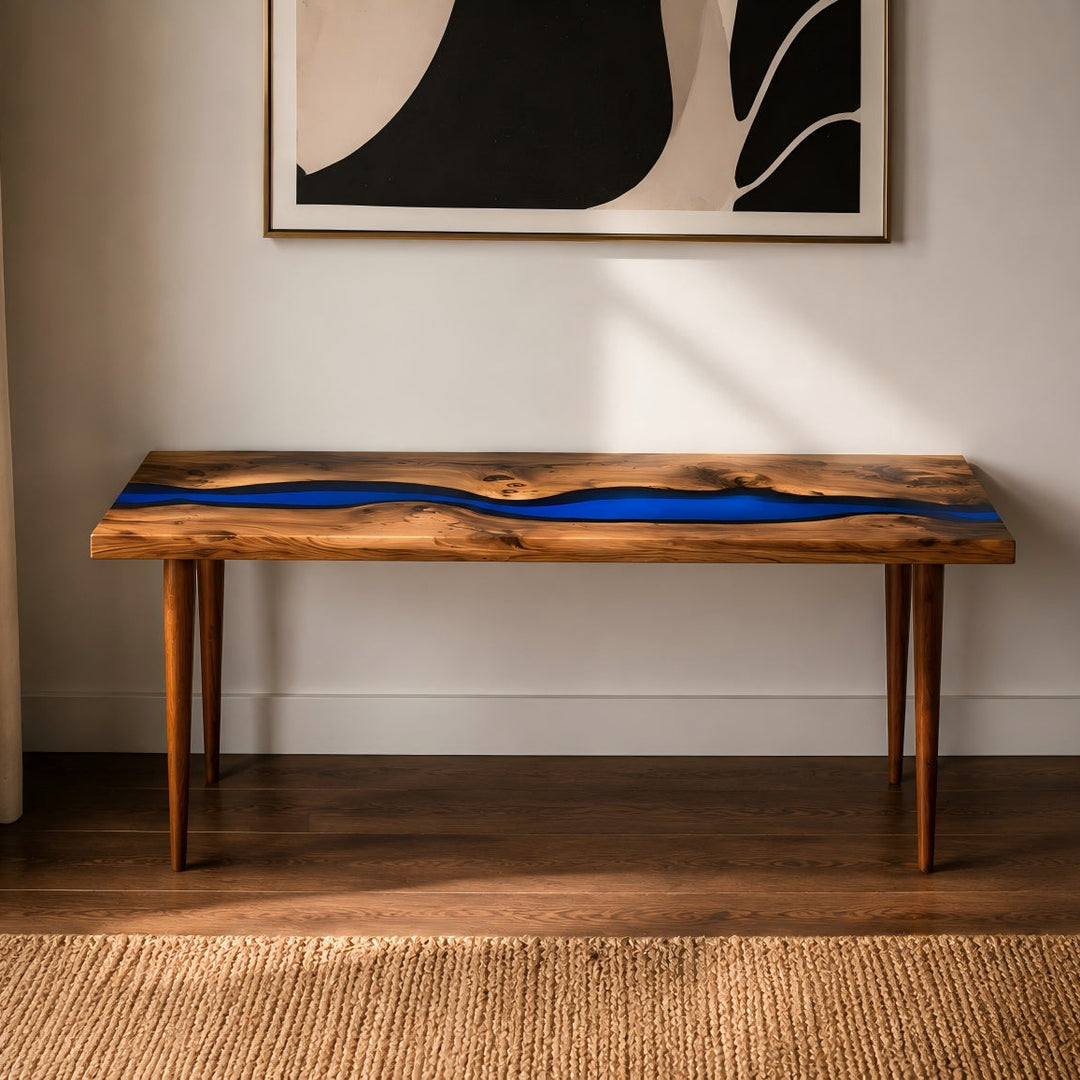 Modern Black Walnut entryway table CRT-025 with vivid blue resin river