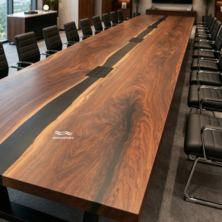 Modern corporate boardroom table CRT-338 handcrafted from Black Walnut and black resin