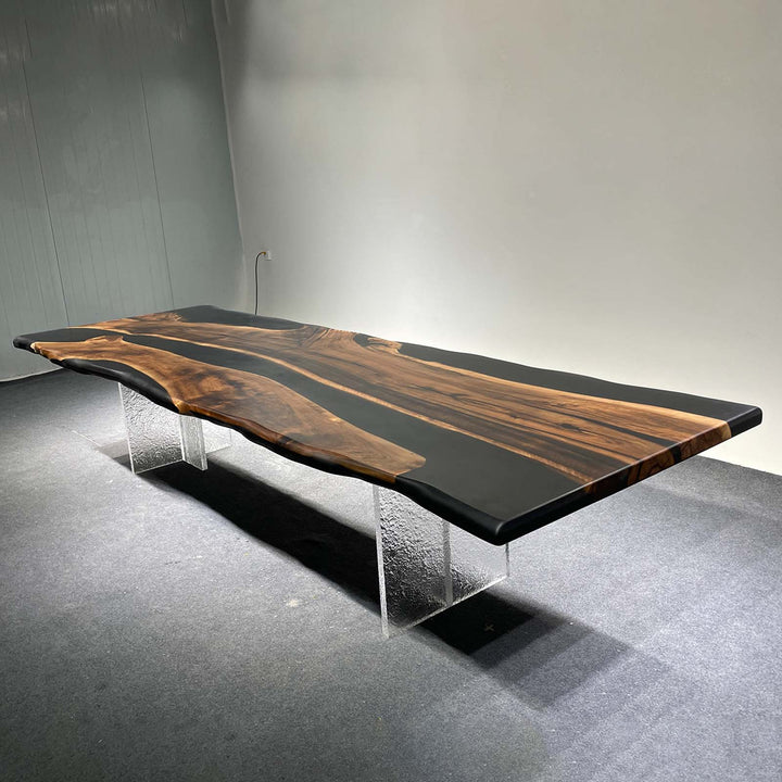 Modern interior dining room featuring black walnut epoxy table with luxury minimalist home decor styling