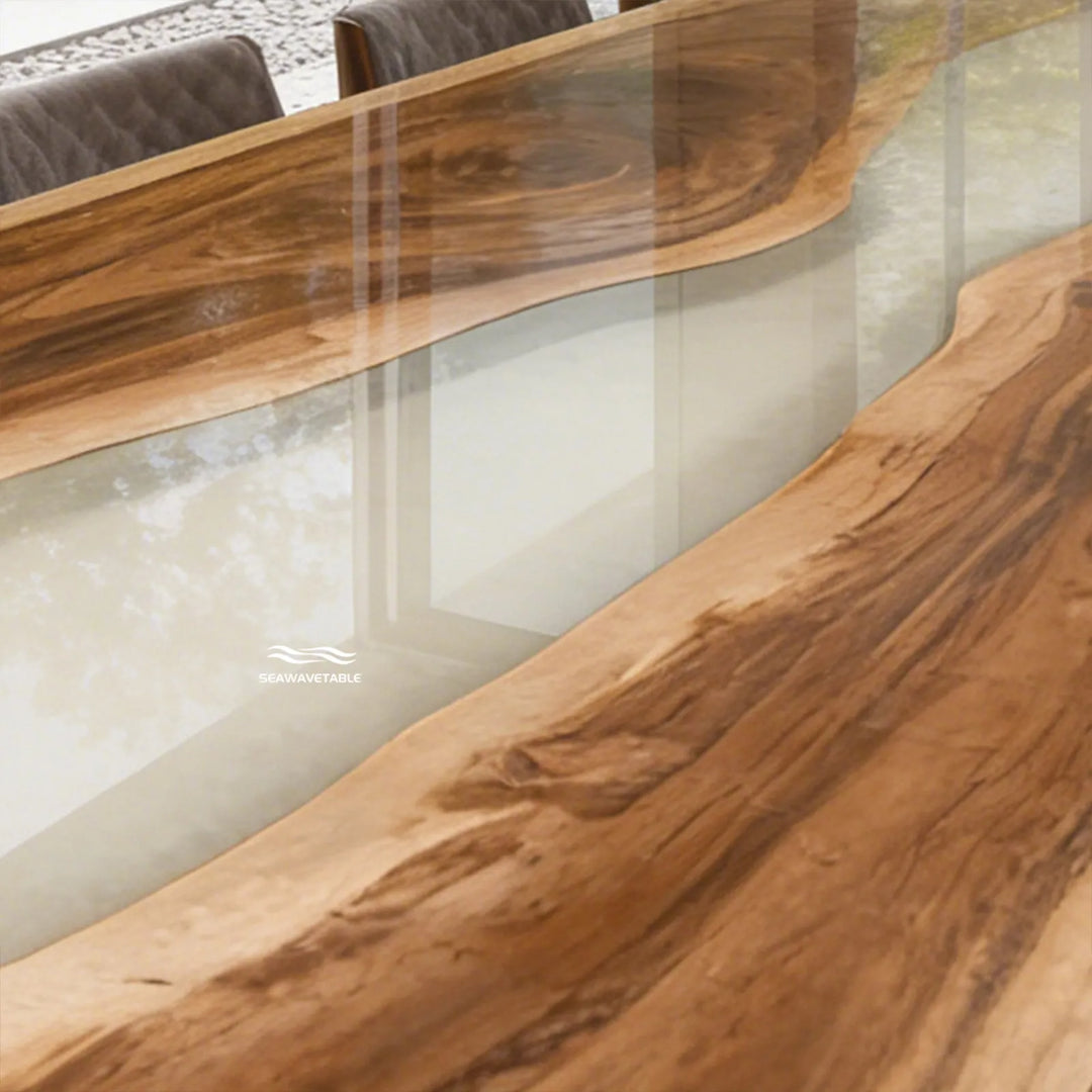 Modern epoxy river table with light creamy resin and natural walnut wood