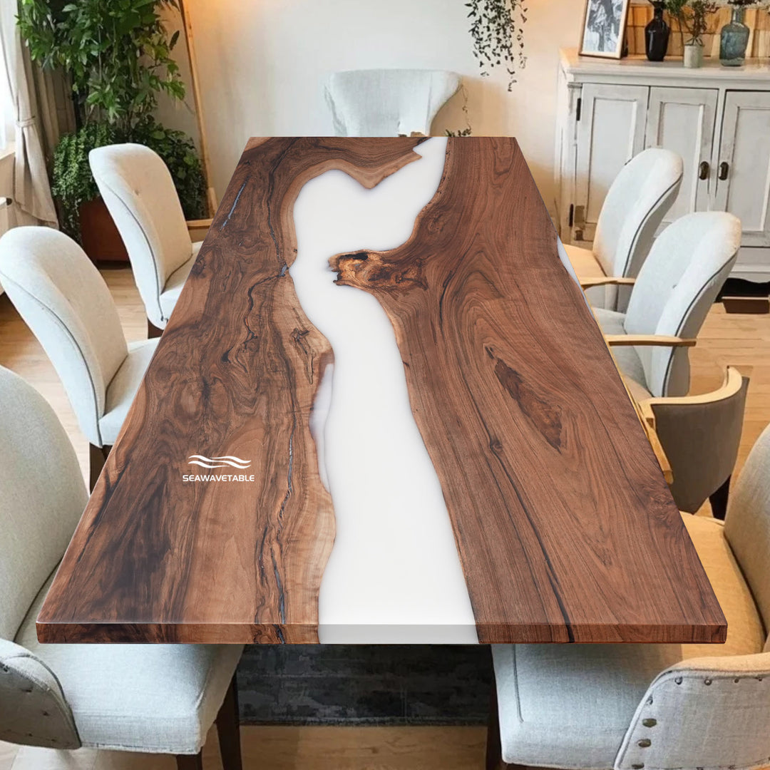 Modern kitchen table made from black walnut with a white epoxy river design