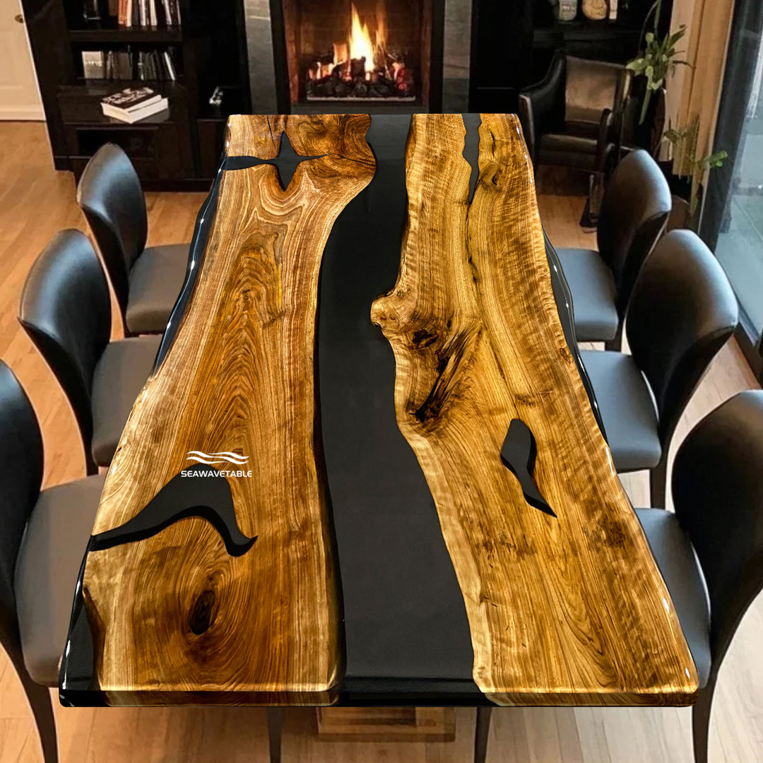 Modern live edge epoxy resin table with black walnut slab and high gloss finish