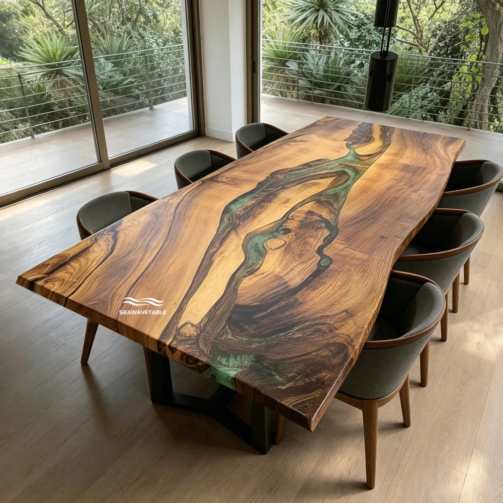 Modern organic Black Walnut dining table CRT-336 with refined live edge design