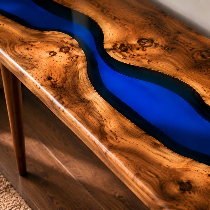 Modern organic blue resin console table CRT-025 for entryway and hallway spaces