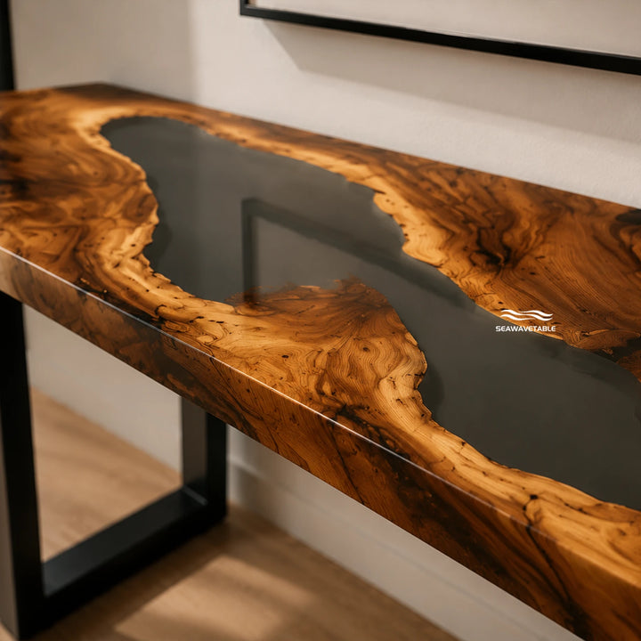Modern river inspired console table CRT-345 with smoked translucent black resin