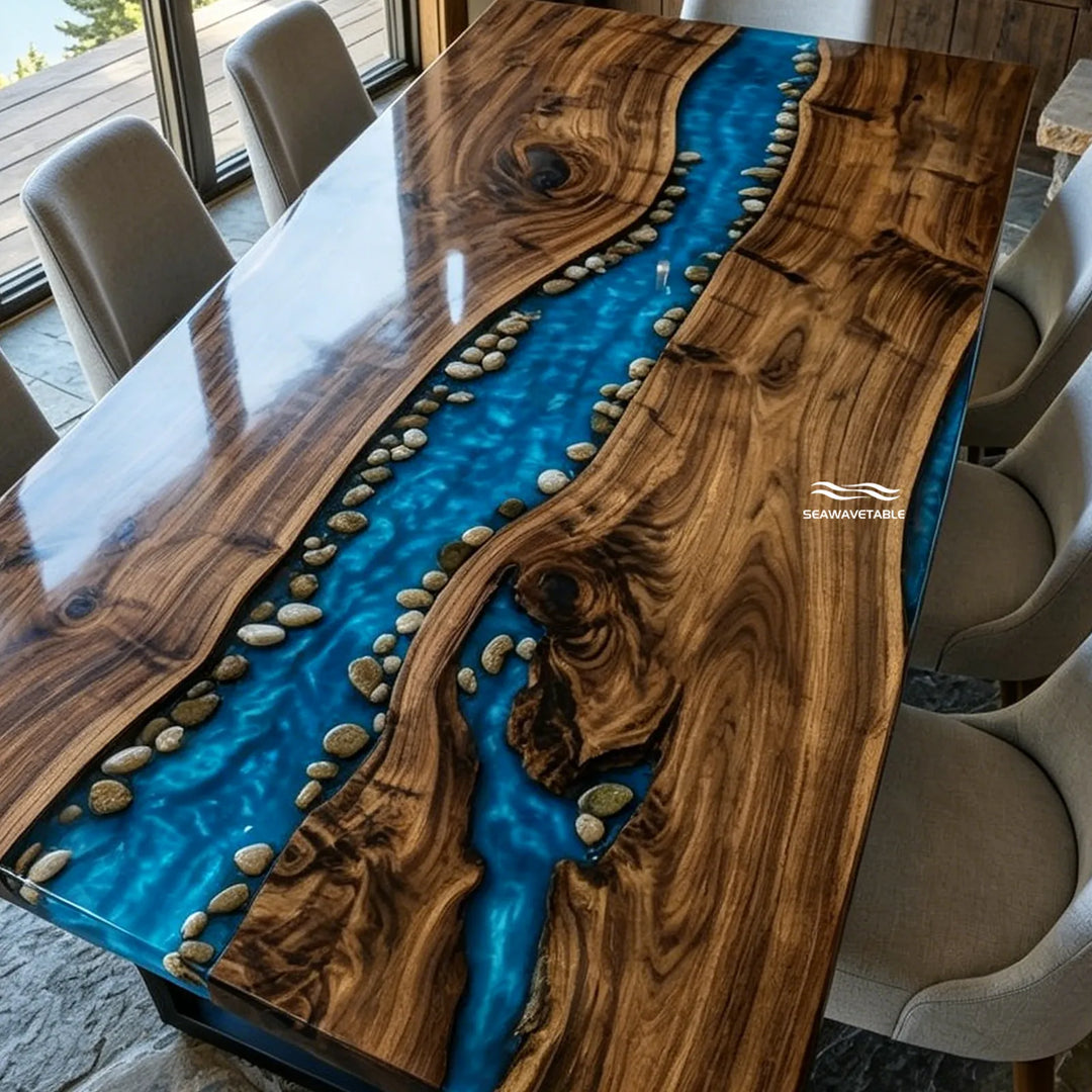 Mountain river inspired live edge dining table CRT-343 with handcrafted riverbed detailing