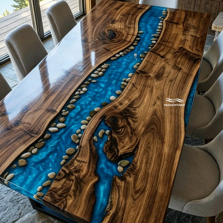 Mountain river inspired live edge dining table CRT-343 with handcrafted riverbed detailing