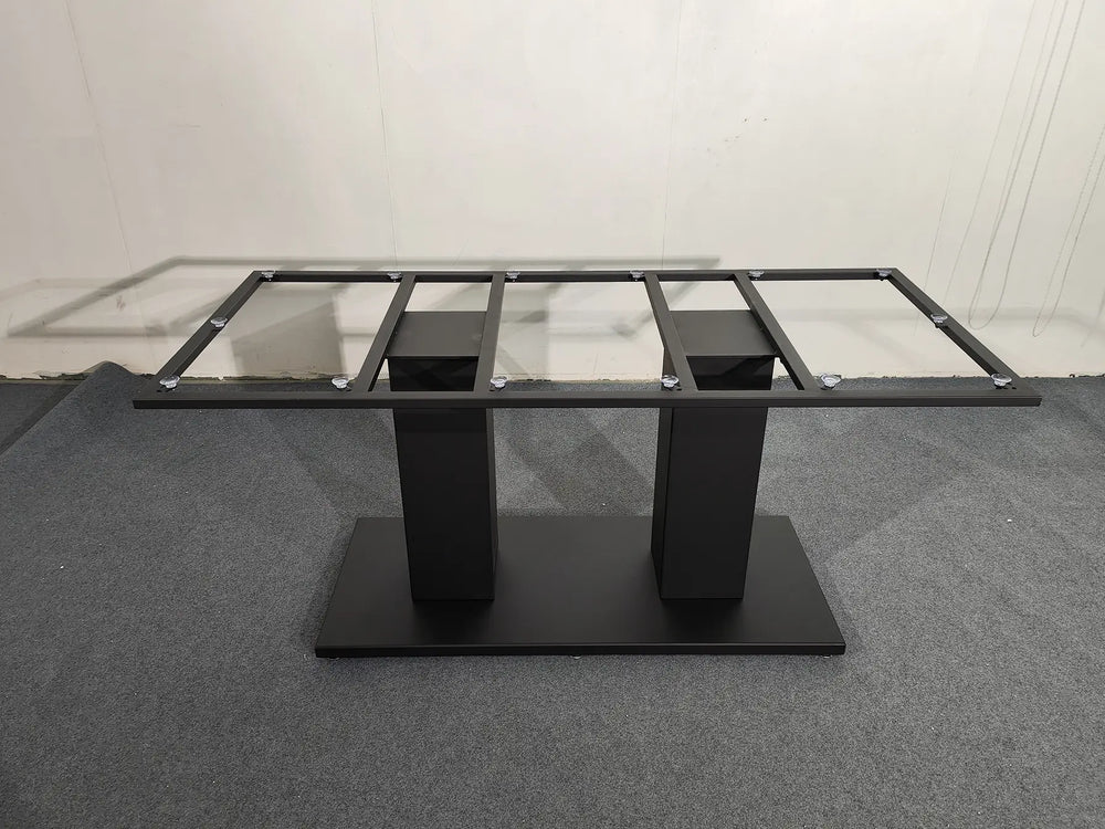 Front view of the MTL14 black metal table base featuring two rectangular pedestal columns, a wide floor plate, and an upper support frame