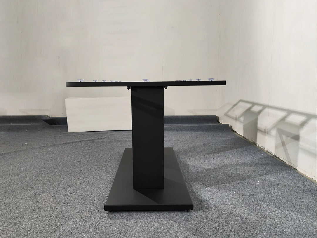 End view of the MTL14 metal table base highlighting its rectangular pedestal profile and flat floor plate
