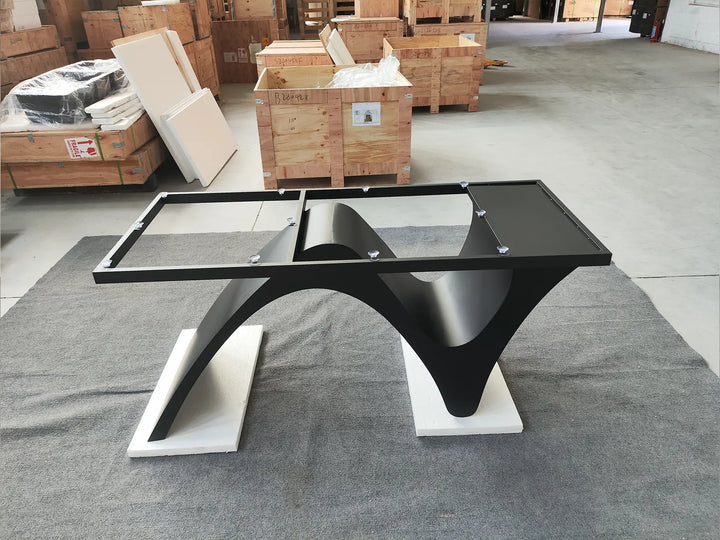 Full view of the MTL20 curved X-shaped metal table base with its rectangular steel frame and two-tone finish