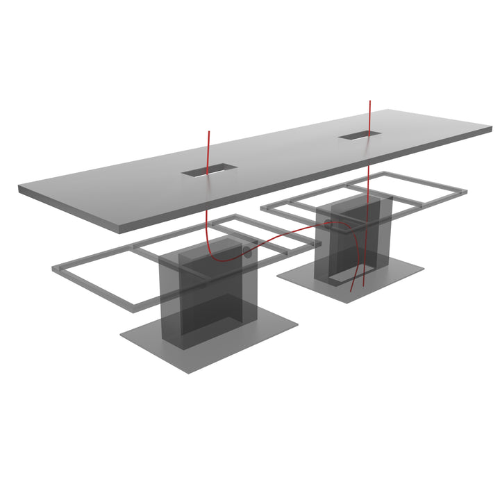 Two MTL35 metal pedestal bases with rectangular upper frames for supporting an oversized conference tabletop