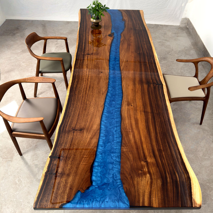 In-stock navy blue walnut river dining table with solid wood slab near me