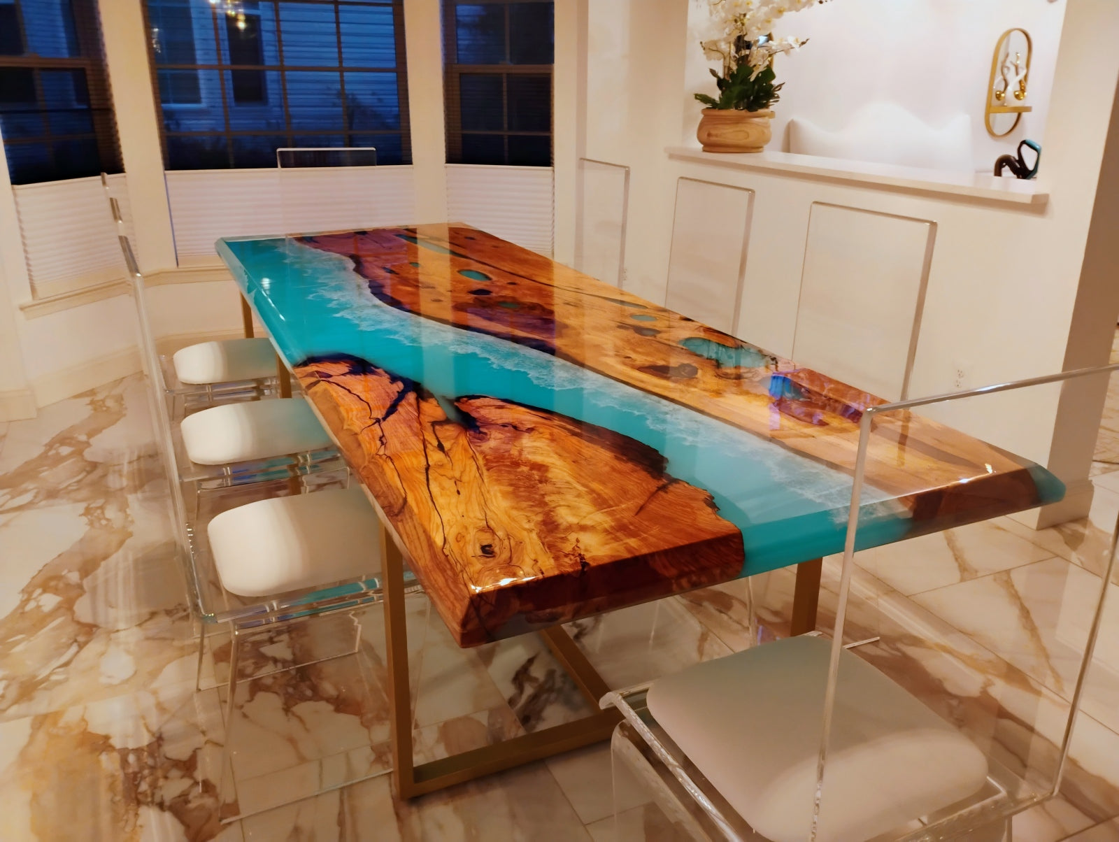 Ocean Serenity blue resin river with natural camphor wood texture