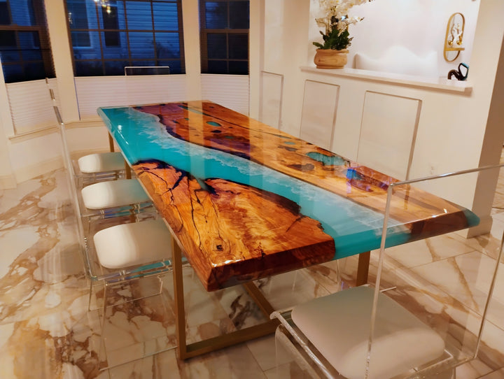 Ocean Serenity blue resin river with natural camphor wood texture