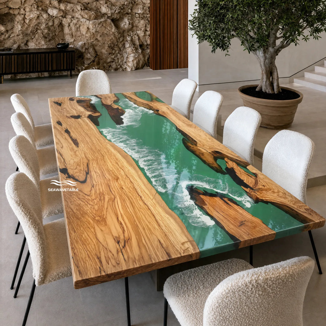 Olive Wood epoxy table with handcrafted white ocean wave details