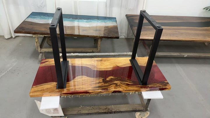 Elegant olive epoxy console table featuring red resin river, perfect for entryway or hallway.