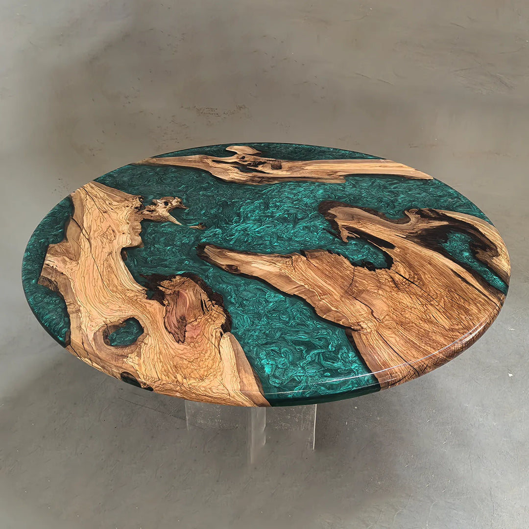 Olive Wood tabletop with swirling Emerald Green epoxy resin detail