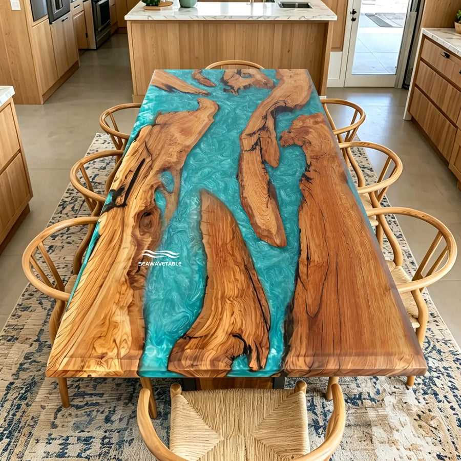 Olive wood epoxy river dining table with turquoise tide resin and beveled edge solid wood luxury table