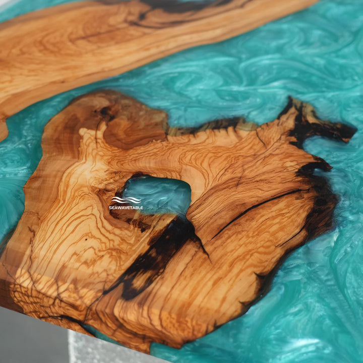 Olive wood epoxy dining table with metal base structure modern support design