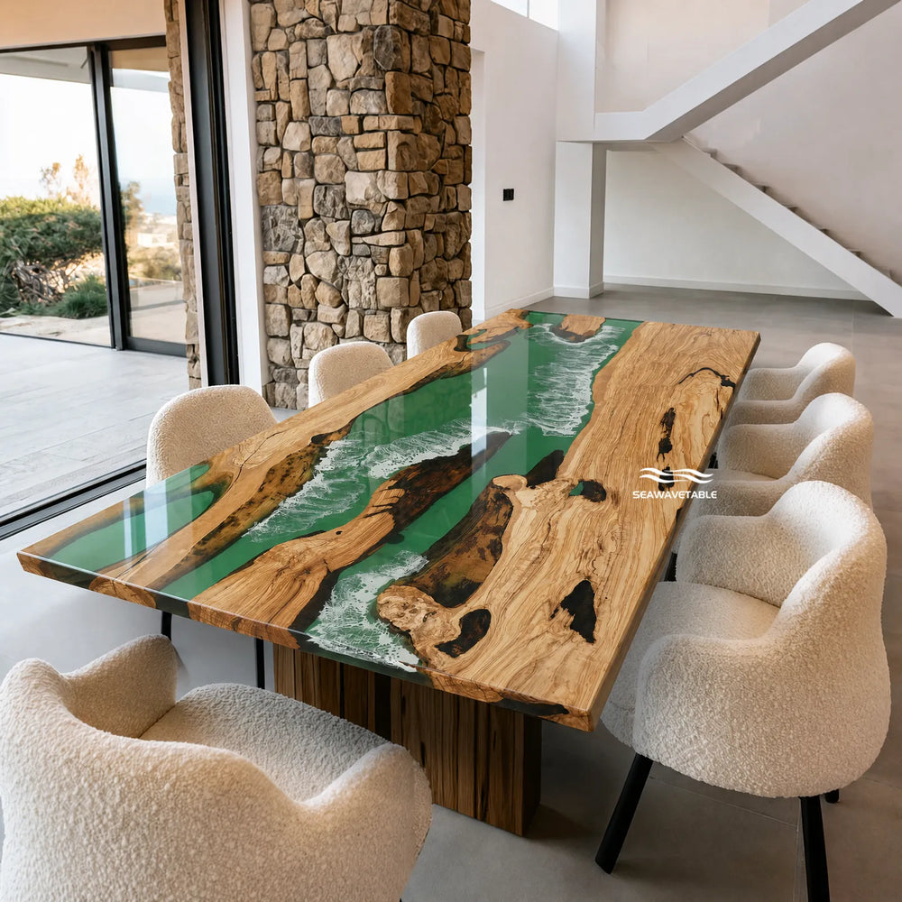 Olive Wood dining table with transparent green epoxy resin