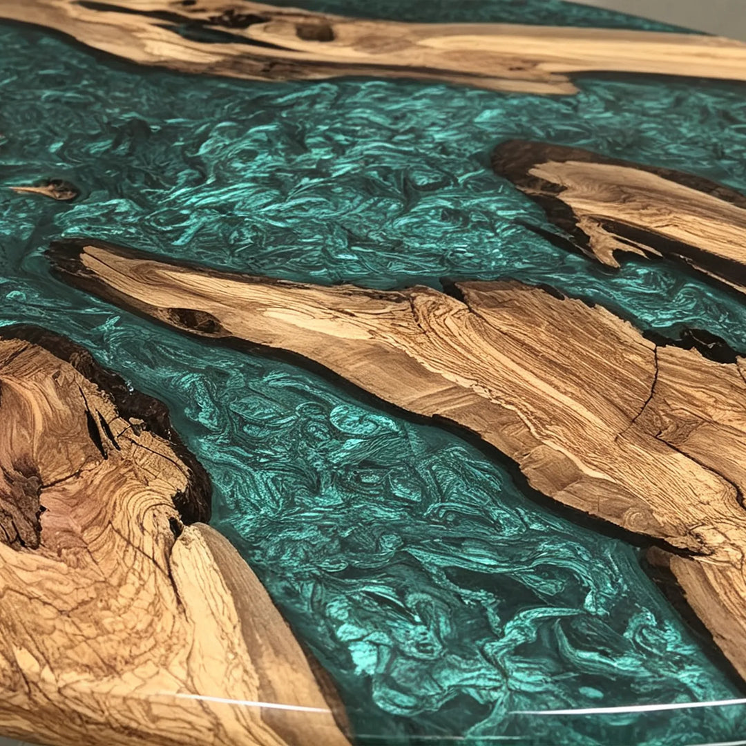 Natural Olive Wood grain and Emerald Green epoxy detail