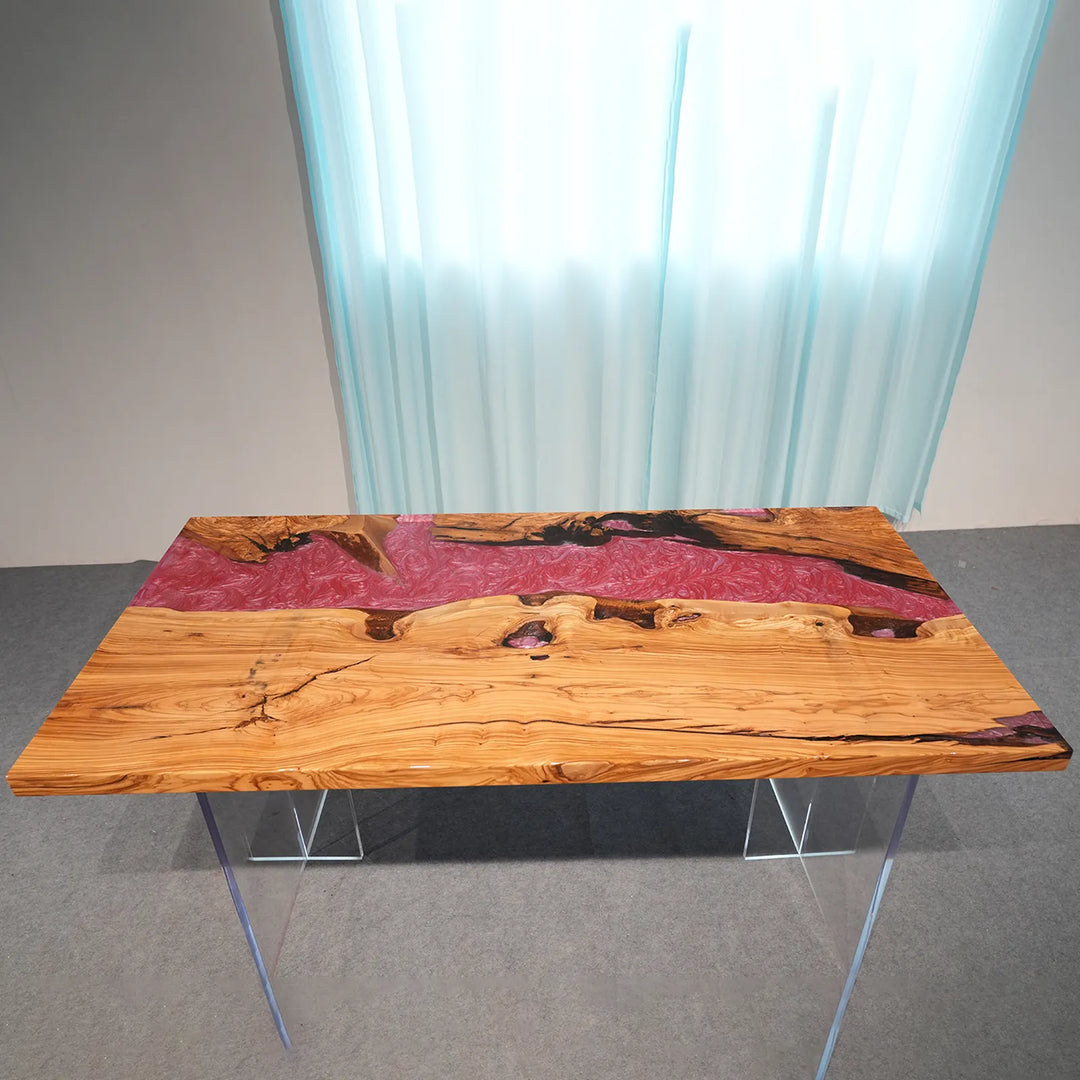 Olive Wood dining table with irregular red epoxy sections by SeawaveTable