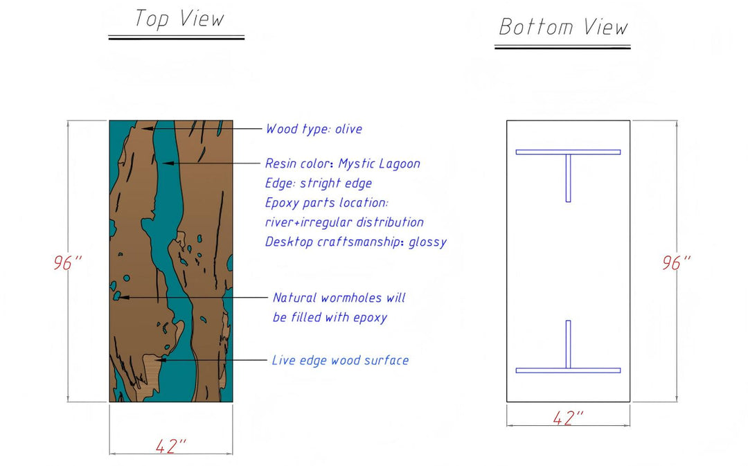 Handcrafted Mystic Lagoon olive wood epoxy river table by Seawavetable, inspired by natural elegance.