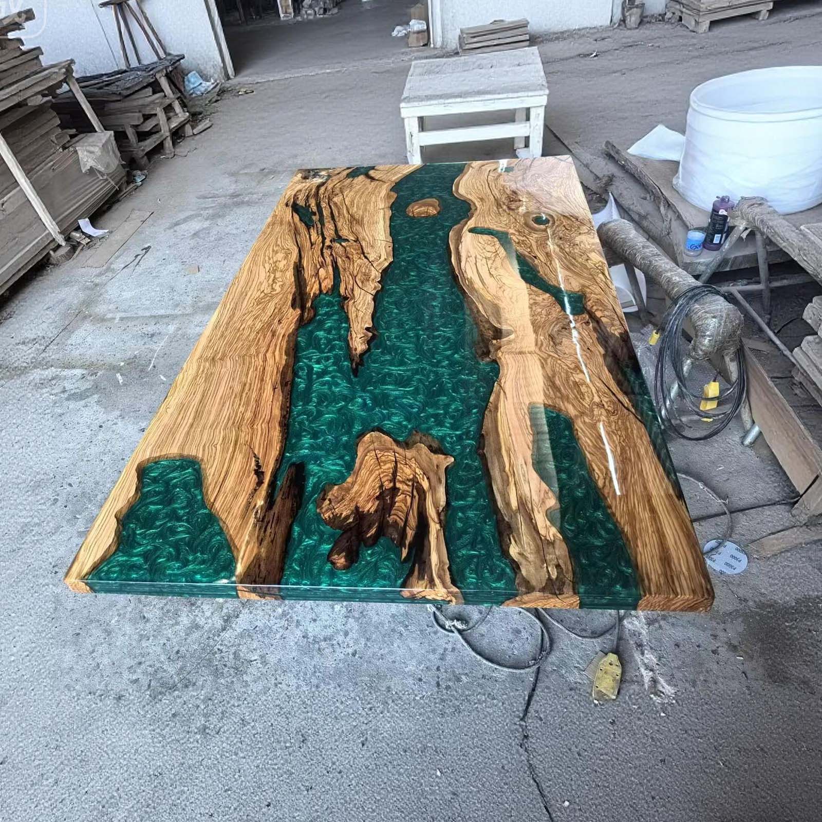 Technical side view drawing of Mystic Lagoon olive wood epoxy river table with precise measurements.