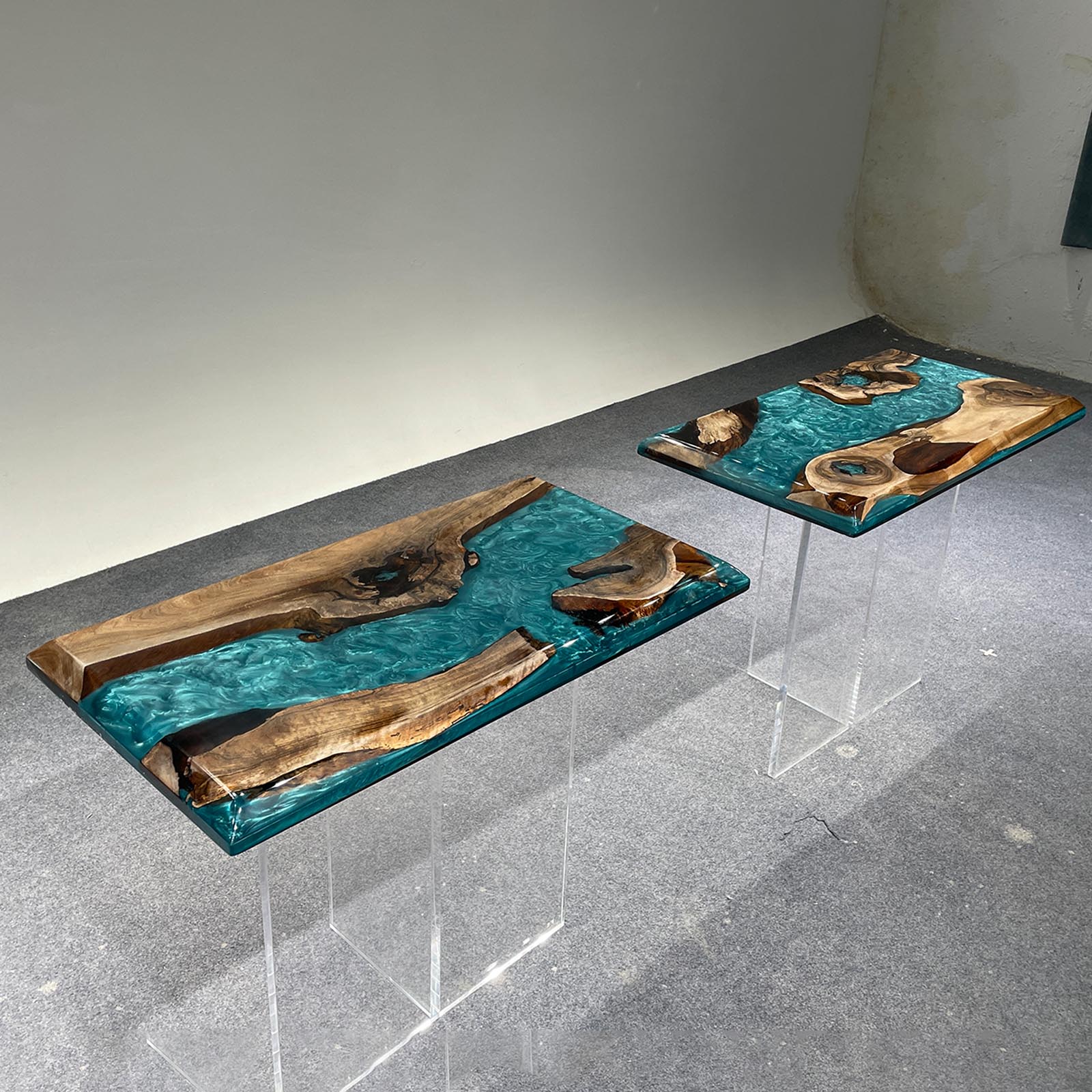 Technical dimension drawing showing top view layout of Mystic Lagoon olive wood epoxy river table.