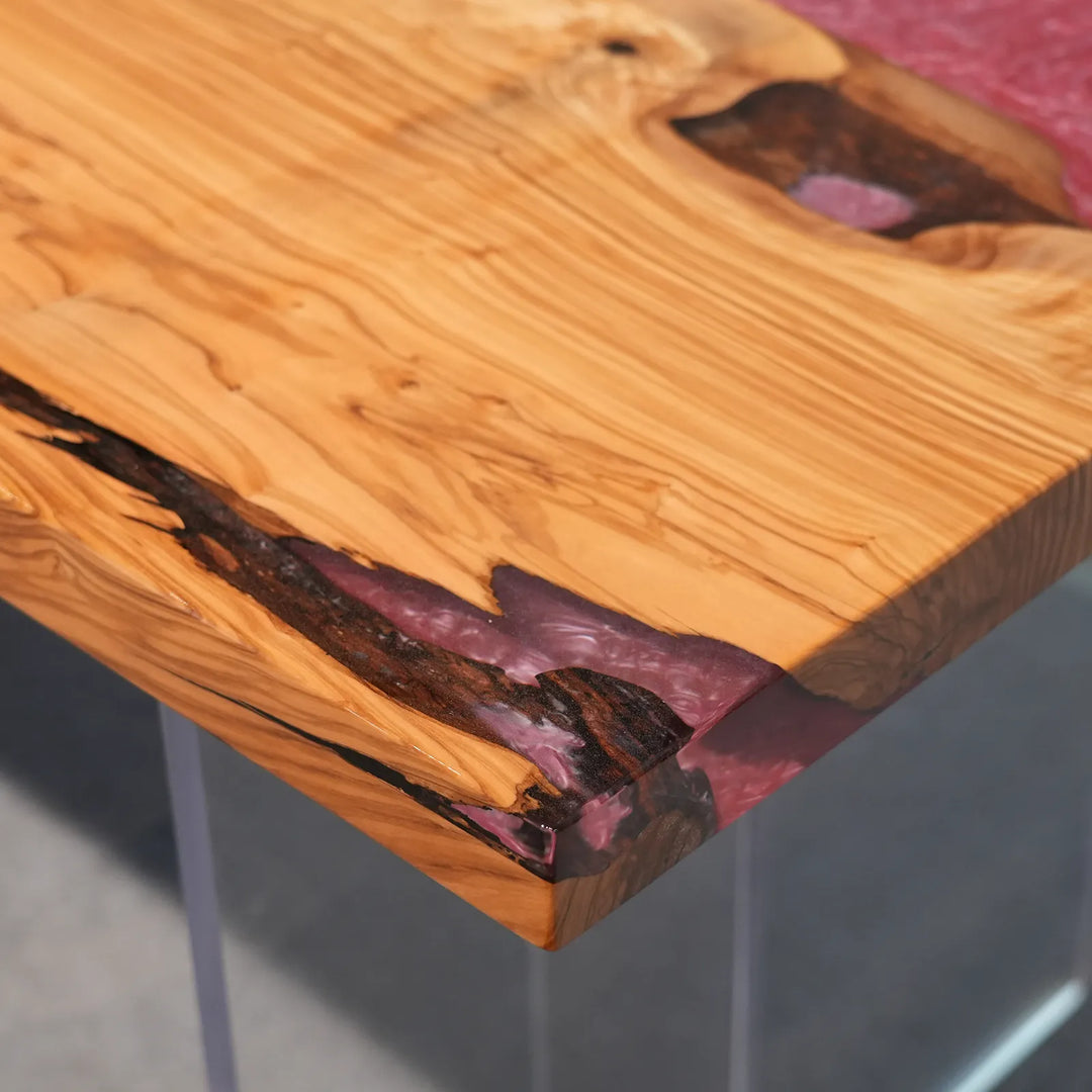 Natural Olive Wood grain beside pearlescent red epoxy by SeawaveTable
