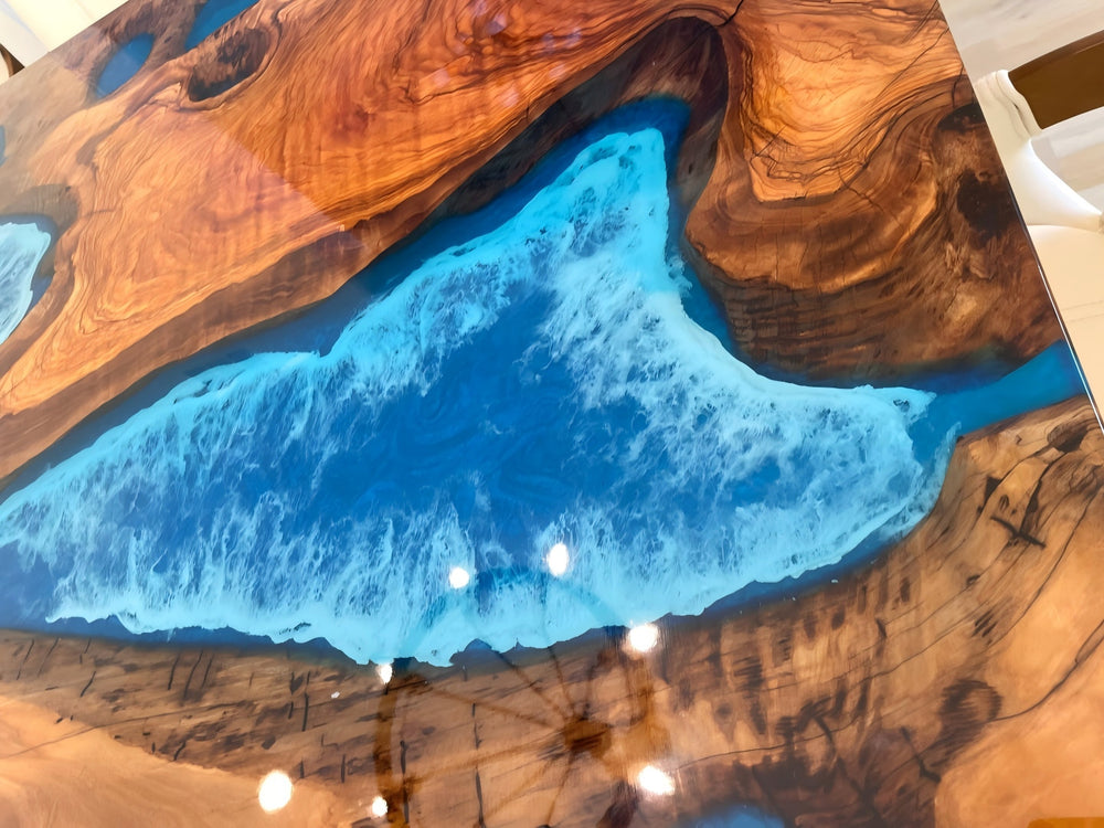 Olive wood ocean blue resin table handmade with natural live edge and glossy finish