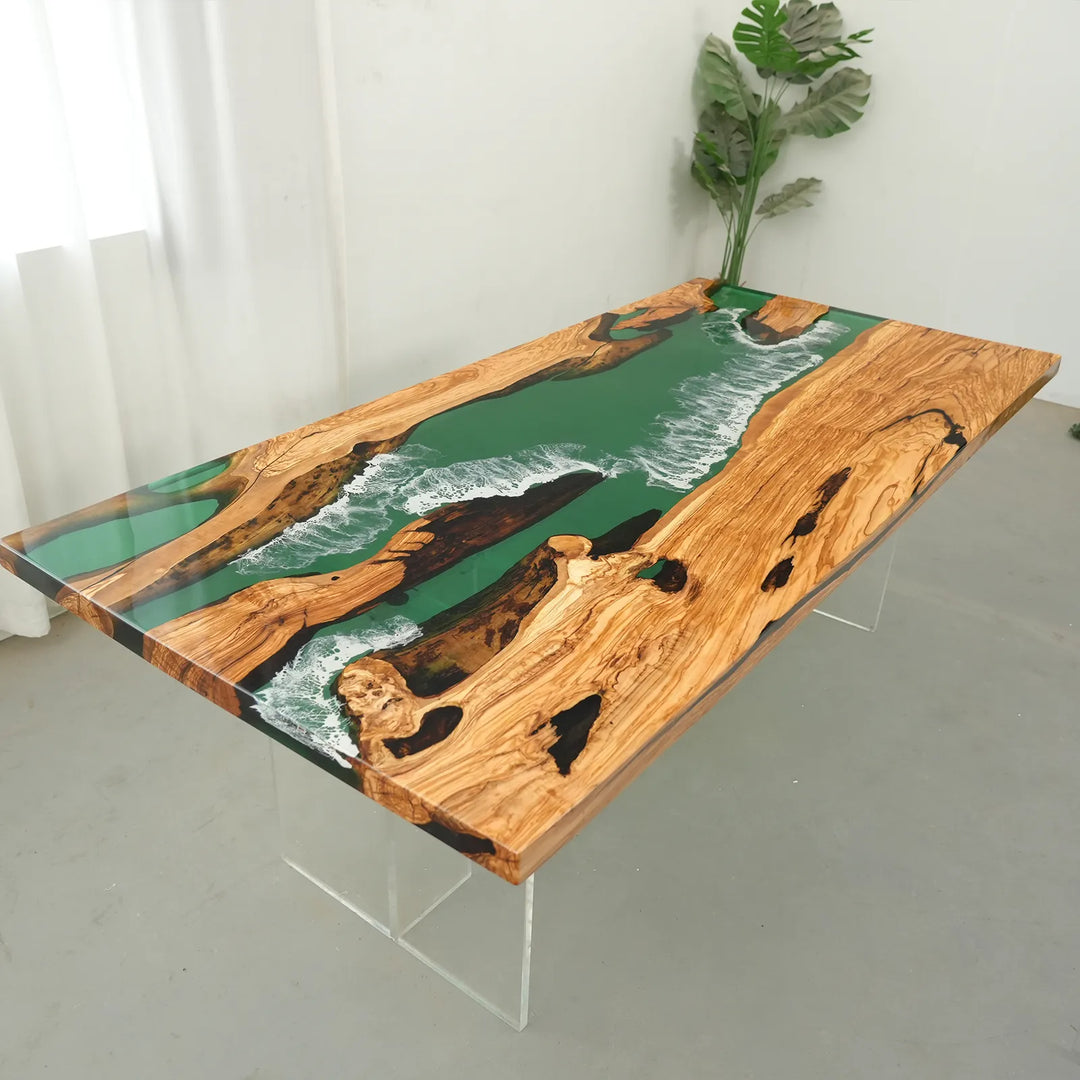 Natural Olive Wood grain with green resin and ocean wave detail