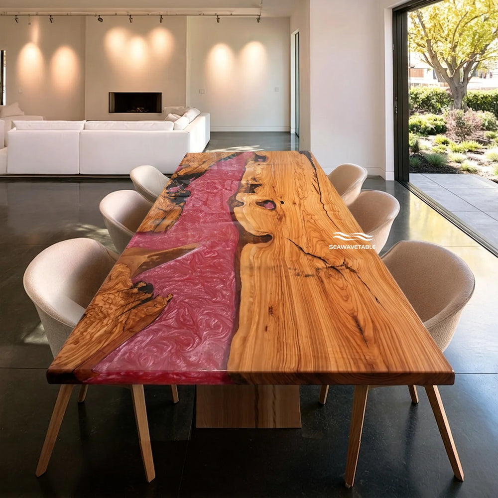 Olive Wood dining table with swirling pearlescent red epoxy by SeawaveTable