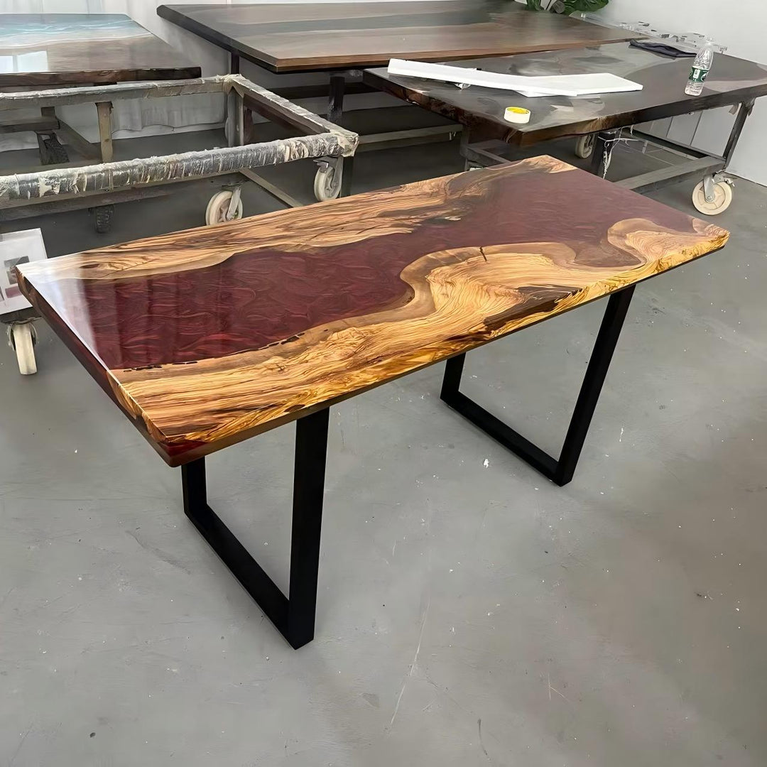 Olive wood red epoxy river bar table combining modern design with organic texture