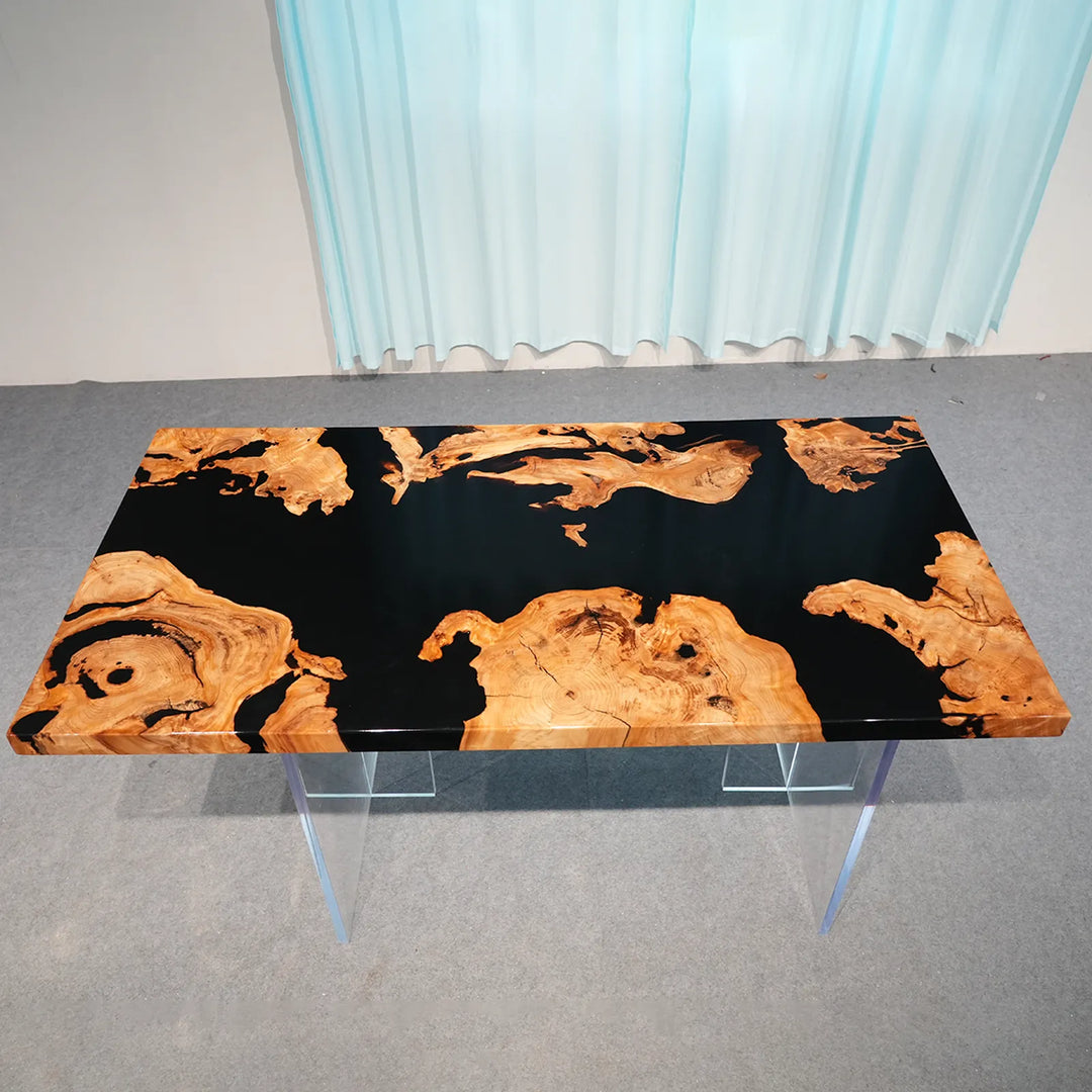 Organic Cunninghamia wood and black resin dining table by SeawaveTable