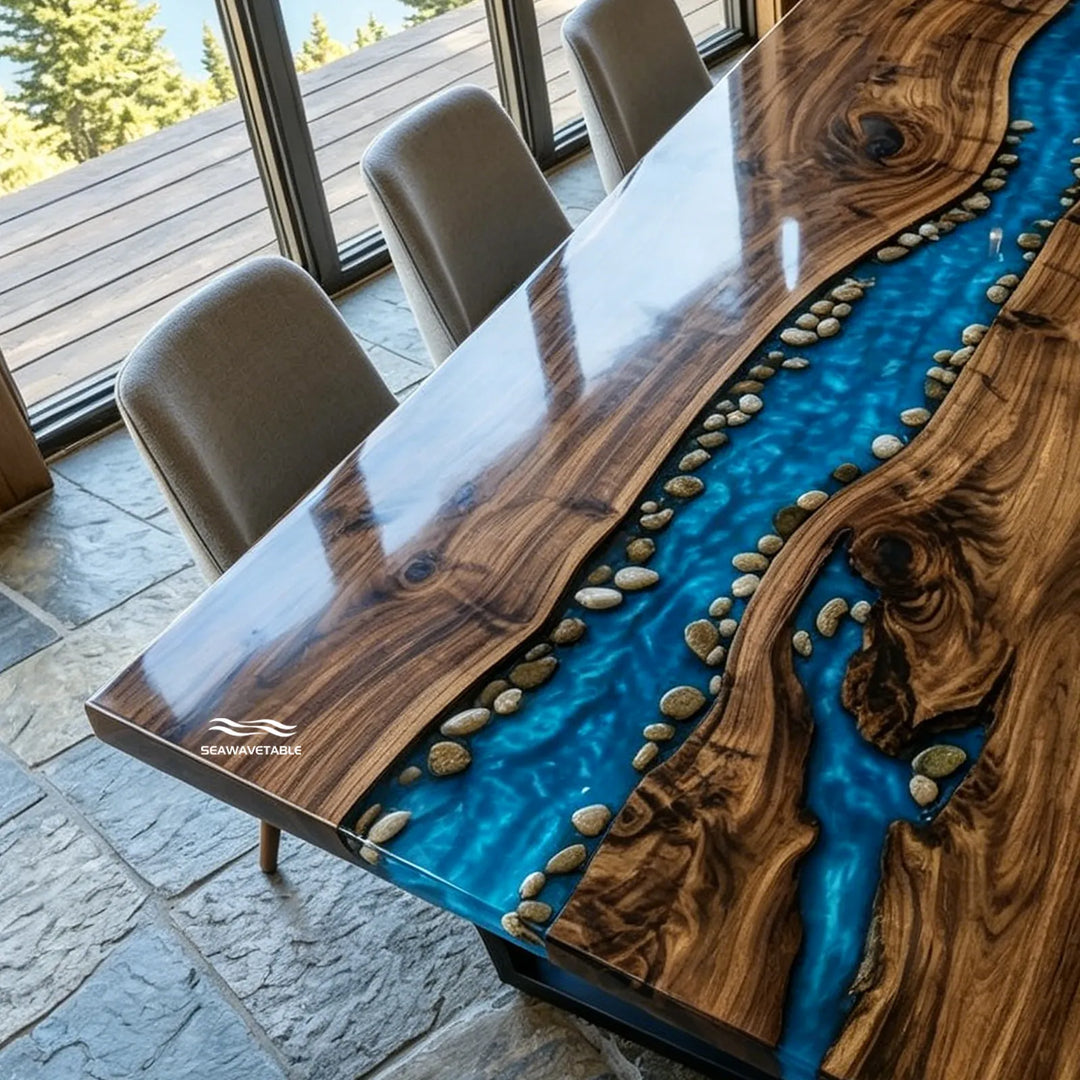 Organic shoreline resin Black Walnut dining table CRT-343 for modern organic interiors