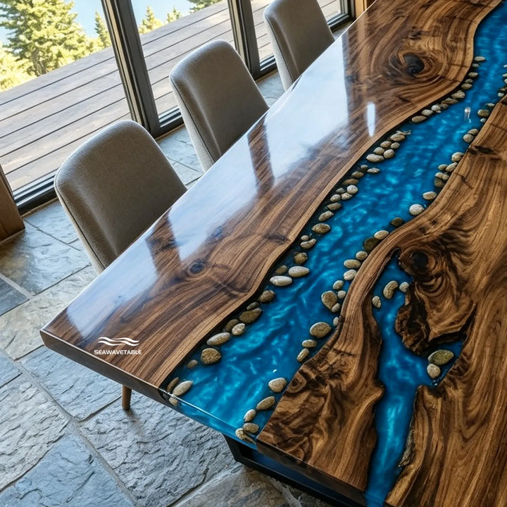 Organic shoreline resin Black Walnut dining table CRT-343 for modern organic interiors