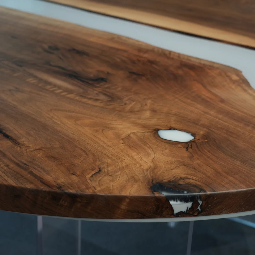Organic Smoky Gray epoxy river dining table by SeawaveTable