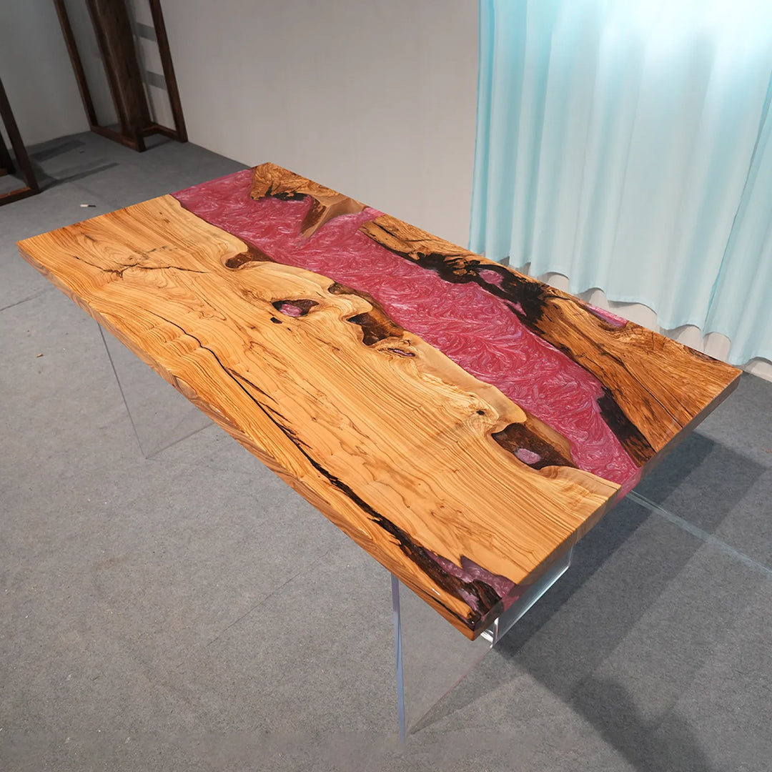 Pearlescent red epoxy river between natural Olive Wood sections by SeawaveTable