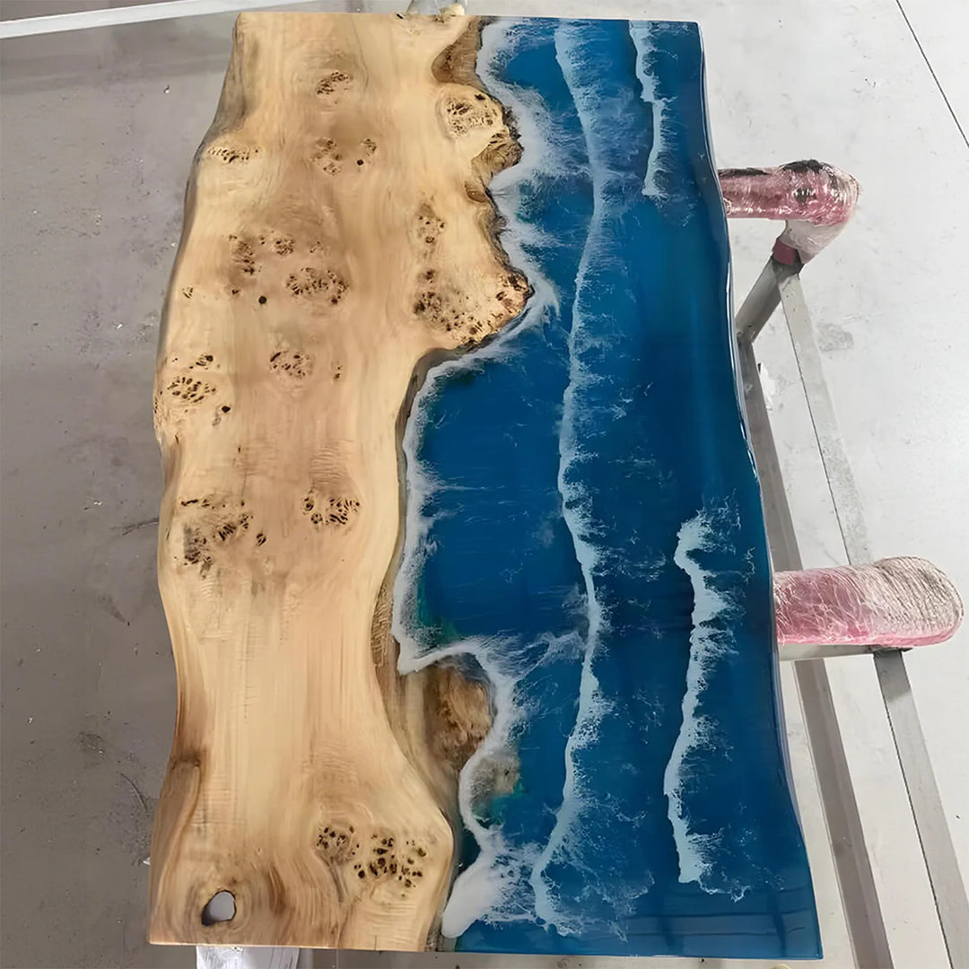 Poplar coffee table with beach-inspired shoreline epoxy design by SeawaveTable