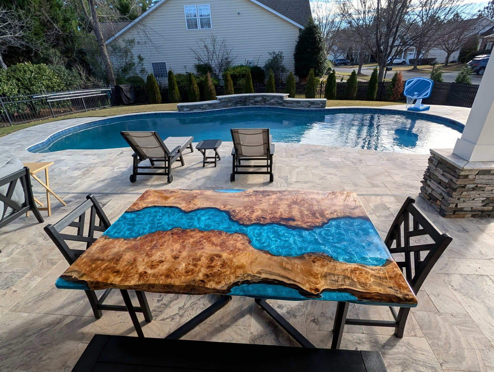 Poplar wood table with custom pool-blue resin for Zelimir in Fort Mill, SC.