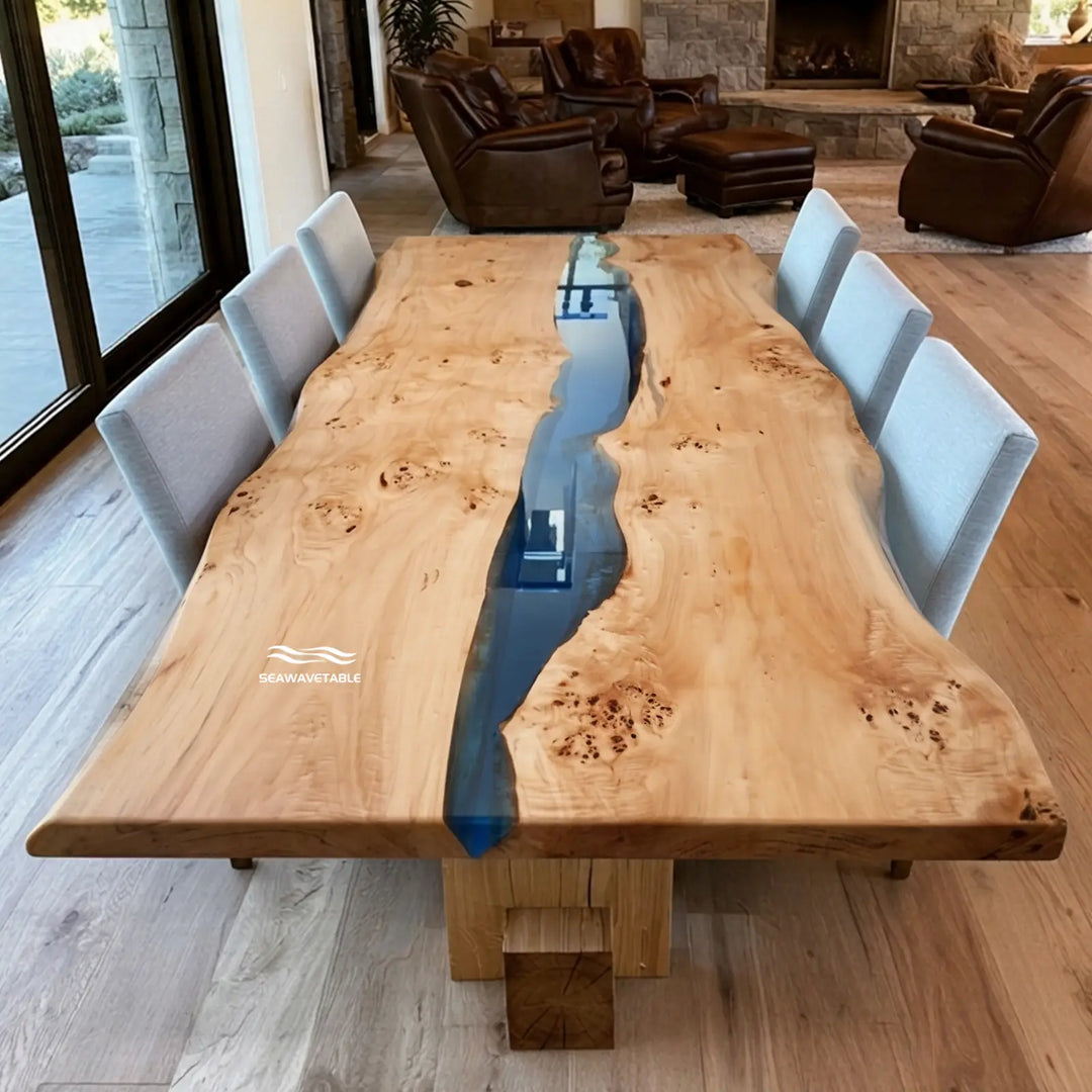 Poplar live edge dining table with Deep Blue epoxy river by SeawaveTable
