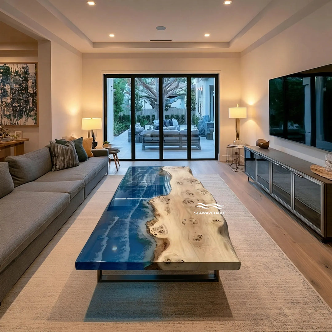 Poplar live edge coffee table with gradient blue ocean epoxy by SeawaveTable