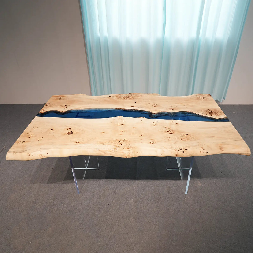 Poplar dining table with organically shaped blue epoxy river by SeawaveTable