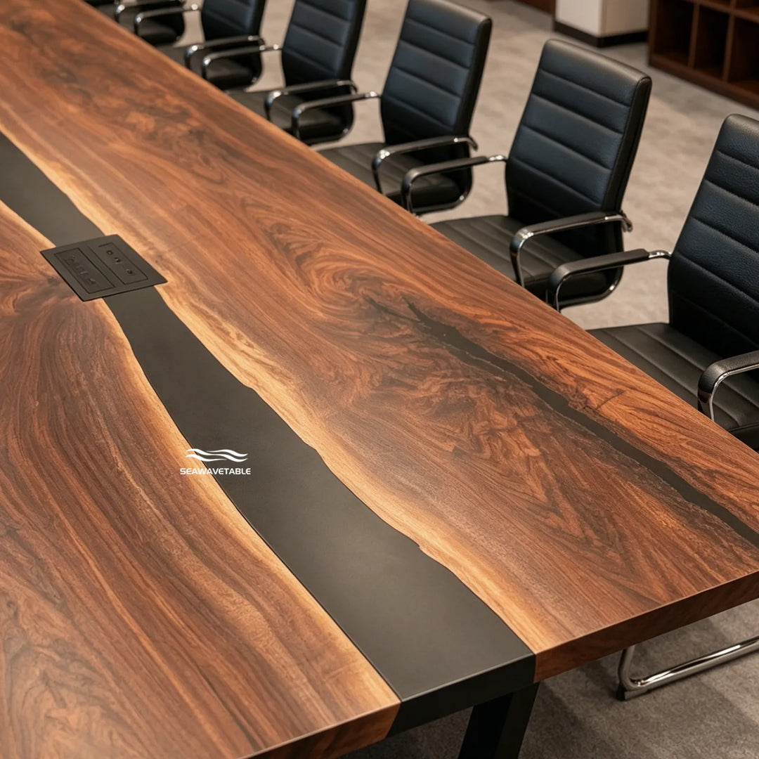 Precision-crafted Black Walnut meeting table CRT-338 with architectural resin channel